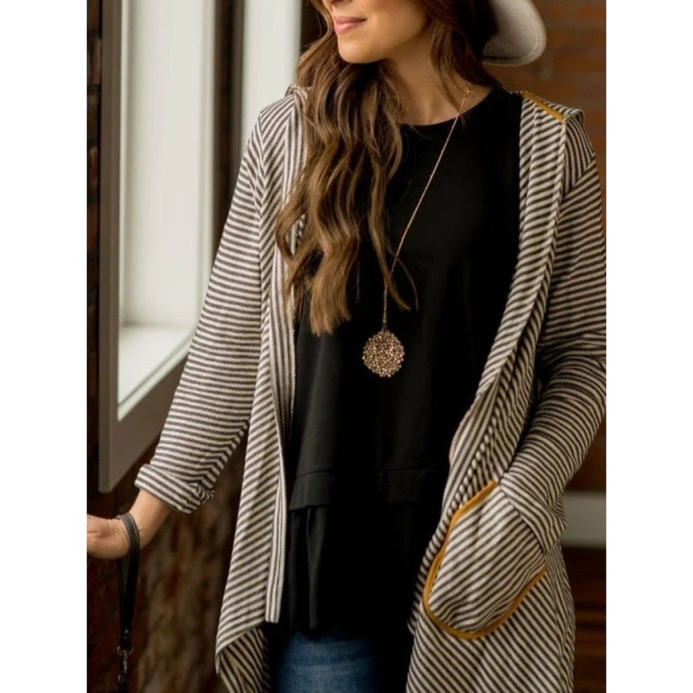 Open Cardigan Striped Hood Swim Cover-Up Black White Lagenlook Layering Shirt